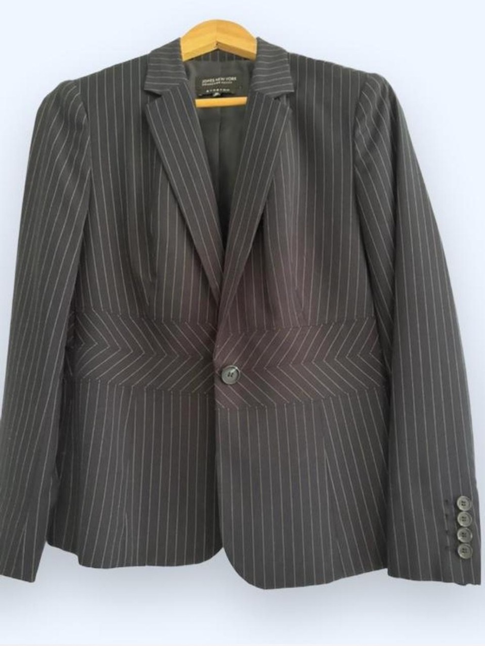 Jones New York Navy Pinstripe Single-Button Blazer- chevron waist